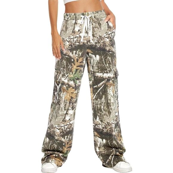 Women Camo Pants High Waisted Wide Leg Casual Y2K Cargo Elastic Waist